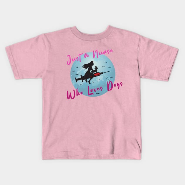 Halloween Nurse Flying With A Syringe In The Sky With Dog Kids T-Shirt by Candaria